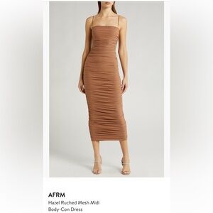 AFRM Hazel Ruched Mesh Midi Bodycon Dress - Tan/Raw Umber